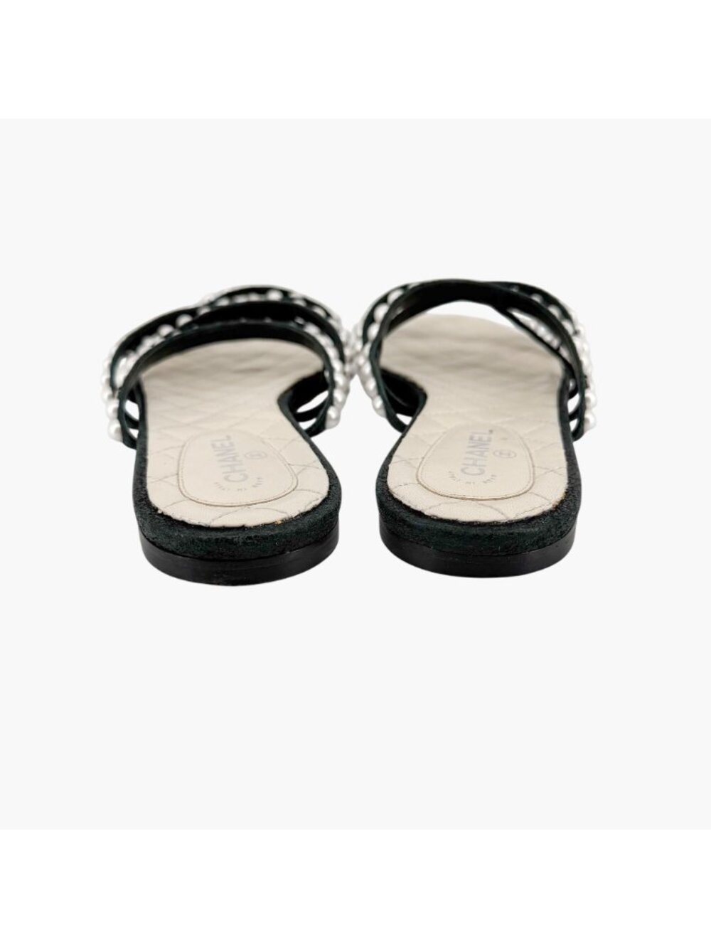 Chanel CC Pearl Strappy Slide Sandals Black White Flat Size 38.5 US 7.5-8 Women - Picture 6 of 14